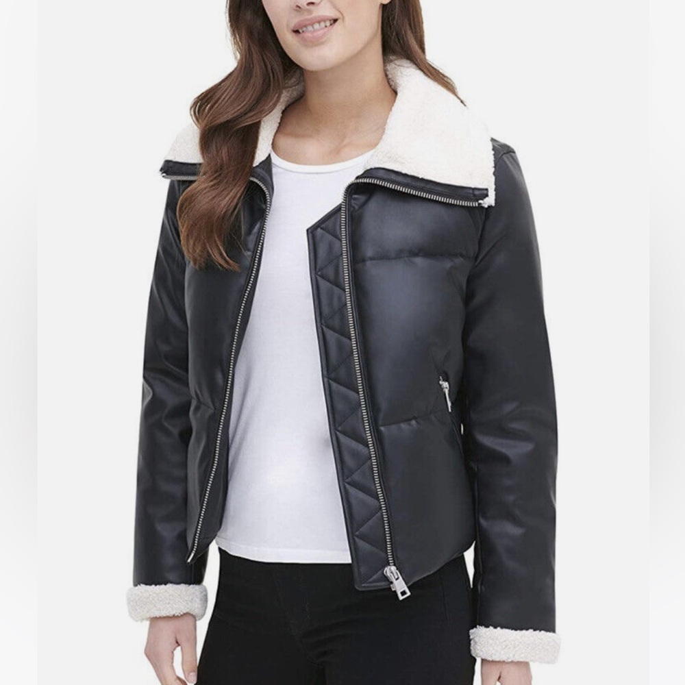 NWOT Levi's Women's Breanna Faux Leather Puffer Jacket with Sherpa Lined Collar